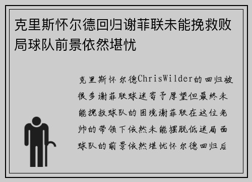 克里斯怀尔德回归谢菲联未能挽救败局球队前景依然堪忧