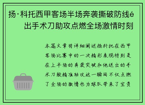 扬·科托西甲客场半场奔袭撕破防线送出手术刀助攻点燃全场激情时刻